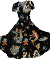*PREORDERS ARRIVING BY OCTOBER*  WOMEN'S VINTAGE HALLOWEEN PINUP TATTOO PRINT MAXI DRESS