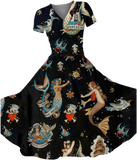 *PREORDERS ARRIVING BY OCTOBER*  WOMEN'S VINTAGE HALLOWEEN PINUP TATTOO PRINT MAXI DRESS