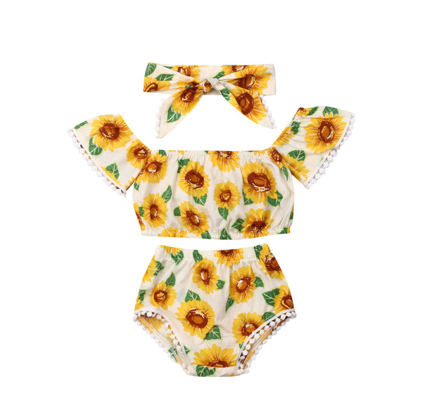 Girl Sunflower Print One-Shoulder Top Triangle Shorts Suit