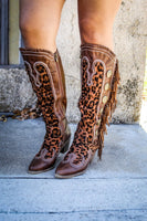Brown + Leopard Concho Fringe Boots (Arriving July 15)